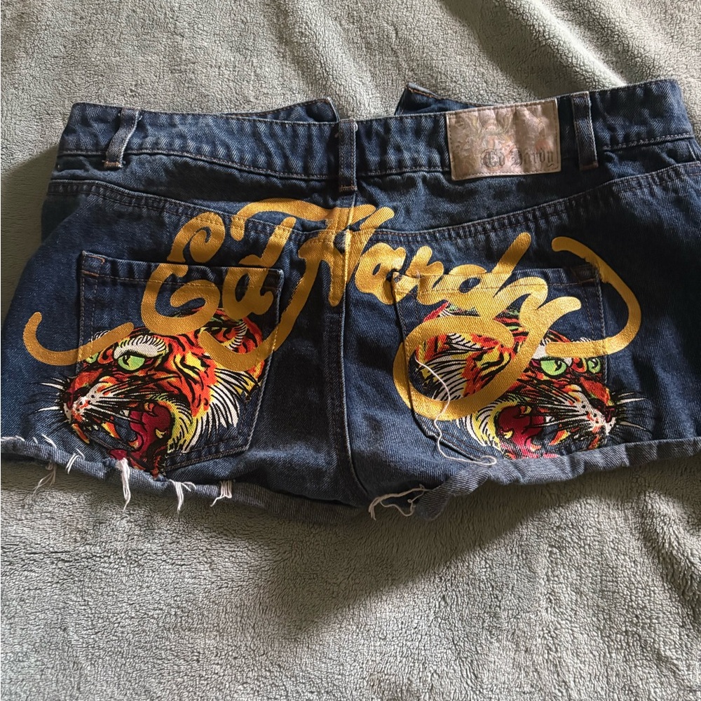 Ed Hardy Women's Dark Blue Jean Shorts with Tiger Graphic